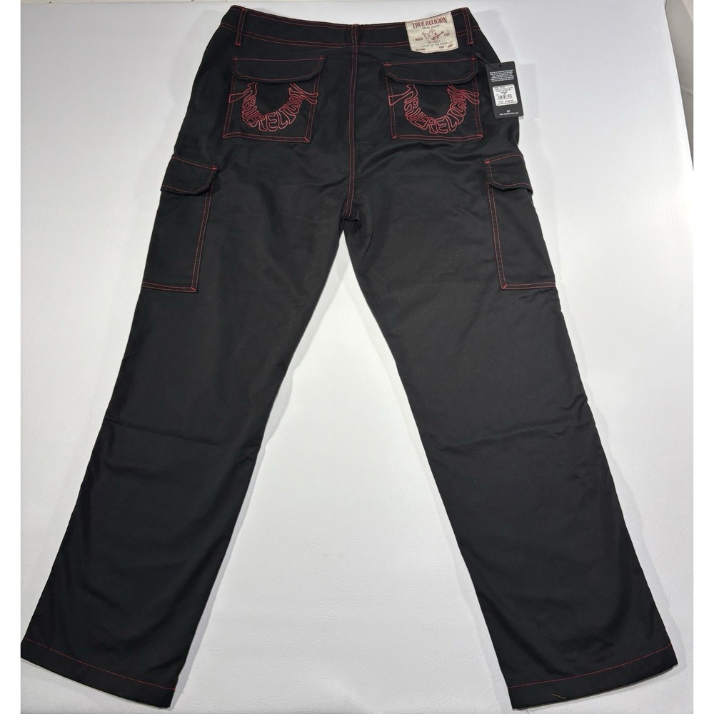 True Religion Cargo Pants Mens 36 Black Red Stitch NWT $169 Straight Leg Utility